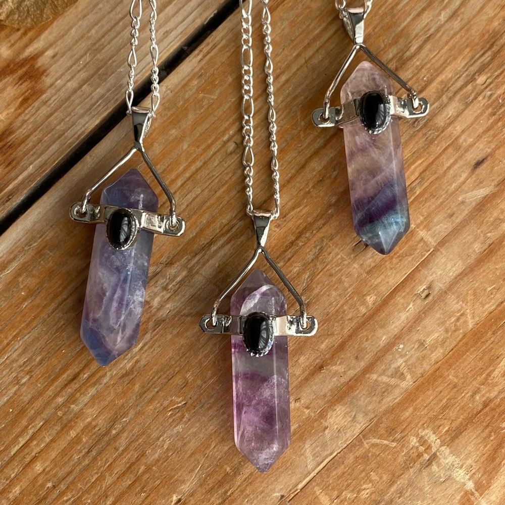 Rainbow Flourite Sterling Silver Necklace Purple Pink 20” - Picture 2 of 14